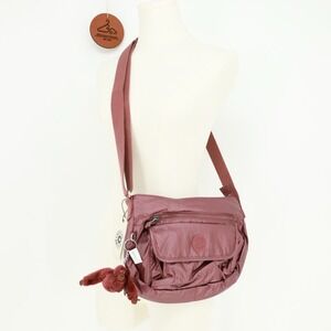 Kipling Syro Crossbody Purse Shoulder Bag Dark Maroon Metallic Monkey Keychain